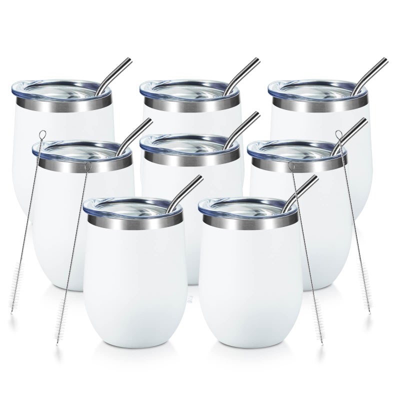COMOOO 12oz Wine Tumbler with Lid and Straw, Stainless Steel Stemless Wine Glass, Double Wall Vacuum Insulated Wine Tumbler Cup, Cocktails,Beer,Champaign, White, 8 Pack - Image 1